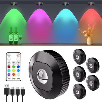 USB-oppladbare RGB-skaplamper med fjernkontroll - 6 stk.