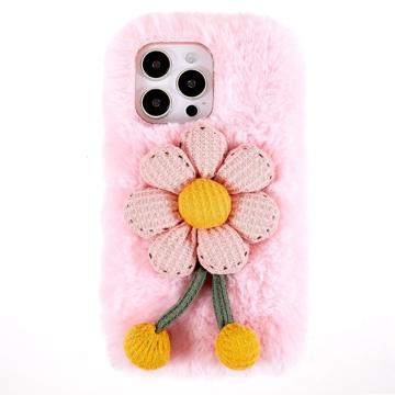 3D Plush Furry Winter iPhone 14 Pro Max TPU-deksel - Rosa Blomst