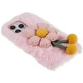 3D Plush Furry Winter iPhone 14 Pro Max TPU-deksel - Rosa Blomst