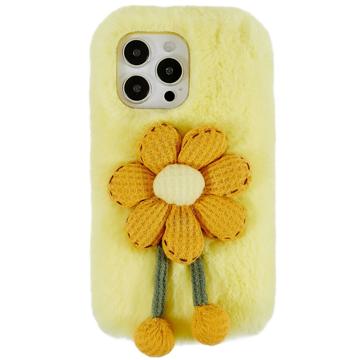 3D Plush Furry Winter iPhone 14 Pro Max TPU-deksel - Gul Blomst