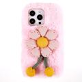 3D Plush Furry Winter iPhone 14 Pro TPU-deksel - Rosa blomst