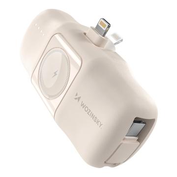 Wozinsky WF16-YLS 5000mAh Lightning Power Bank med innebygd USB-C-kabel og Apple Watch-lader - 15W - Beige