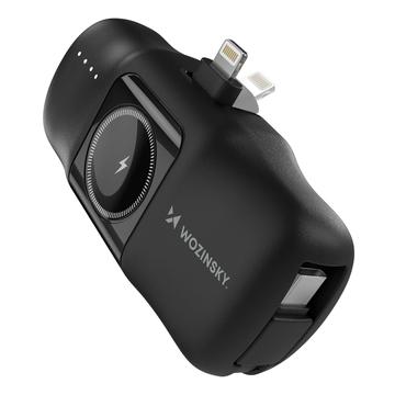 Wozinsky WF16-YLS 5000mAh Lightning Power Bank med innebygd USB-C-kabel og Apple Watch-lader - 15W - Svart