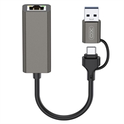 XO HUB018 2-i-1 USB-C/USB-A til Ethernet-adapter - RJ45, 100 Mbps - Grå