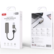 XO HUB018 2-i-1 USB-C/USB-A til Ethernet-adapter - RJ45, 100 Mbps - Grå