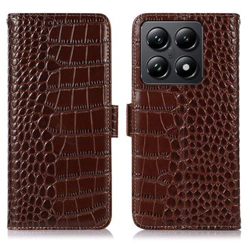 Xiaomi 14T Pro Crocodile Series Lommebok-deksel i Lær med RFID - Brun