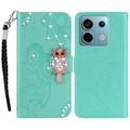 Xiaomi Redmi Note 13 Ugle Rhinestone Lommebok-deksel med rhinestone - Cyan