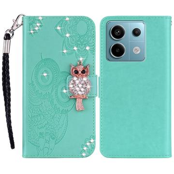 Xiaomi Redmi Note 13 Ugle Rhinestone Lommebok-deksel med rhinestone - Cyan