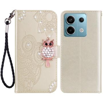 Xiaomi Redmi Note 13 Ugle Rhinestone Lommebok-deksel - gull