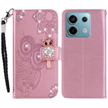 Xiaomi Redmi Note 13 Ugle Rhinestone Lommebok-deksel - Roségull