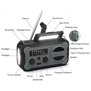 YX328 Nødhåndsveiv solcelle radio med lommelykt, 4000mAh powerbank - grå