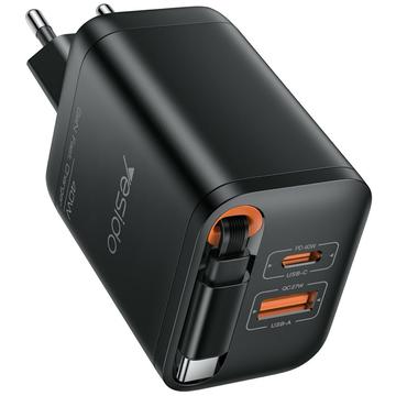 Yesido YC99 40 W hurtiglader med uttrekkbar USB-C-kabel - svart