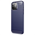 iPhone 14 Pro Max Børstet TPU Deksel - Karbonfiber - Blå