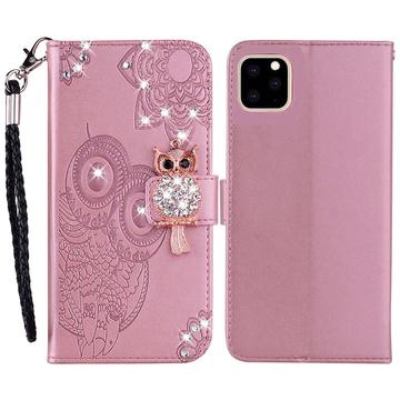 iPhone 14 Pro Ugle Rhinestone Lommebok-deksel - Rose Gold