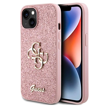 iPhone 15 Guess Fixed Glitter 4G Metal Logo Deksel - Rosa