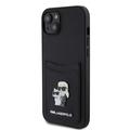 iPhone 15 Karl Lagerfeld Saffiano-etui med kortspor i metall - Karl & Choupette - Svart