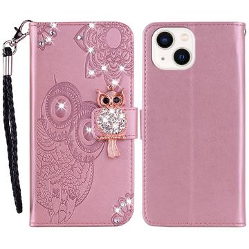 iPhone 15 Plus Ugle Rhinestone Lommebok-deksel - Rose Gold