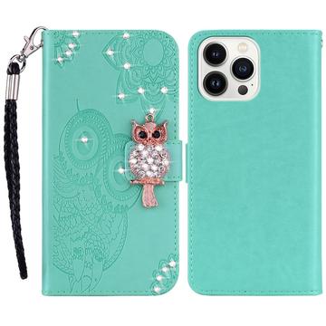 iPhone 15 Pro Max Ugle Rhinestone Lommebok-deksel med rhinestone - Cyan