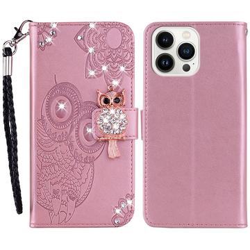 iPhone 15 Pro Max Ugle Rhinestone Lommebok-deksel - Rose Gold