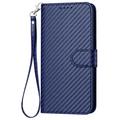 iPhone 15 Pro Max Premium lommebokveske med stropp - karbonfiberstruktur - Karbonblå