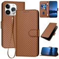 iPhone 15 Pro Max Premium lommebokveske med stropp - karbonfiberstruktur - Karbonkaffe