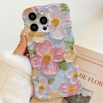 iPhone 15 Pro Max TPU-deksel med bølgete kanter og oljemaleri - blomster