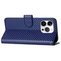 iPhone 15 Pro Premium lommebokveske med stropp - karbonfiberstruktur - Karbonblå