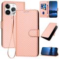 iPhone 15 Pro Premium lommebokveske med stropp - karbonfiberstruktur - Karbonrosa