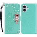 iPhone 16 Ugle Rhinestone Lommebok-deksel med rhinestone - Cyan