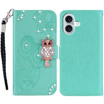 iPhone 16 Ugle Rhinestone Lommebok-deksel med rhinestone - Cyan