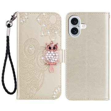 iPhone 16 Ugle Rhinestone Lommebok-deksel - Gull