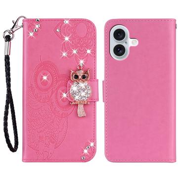 iPhone 16 Uggle Rhinestone Lommebok-deksel - Varm Rosa