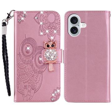 iPhone 16 Ugle Rhinestone Lommebok-deksel - Roségull