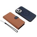 iPhone 16 Pro avtakbar lommebokveske med MagSafe, RFID-beskyttelse og håndrem - brun / blå