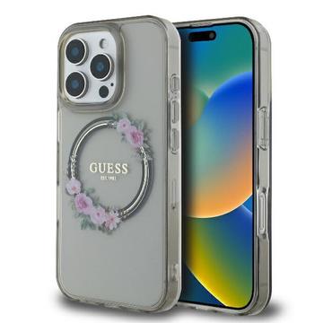 iPhone 16 Pro Guess IML Flowers Wreath-deksel - MagSafe-kompatibelt - Sort