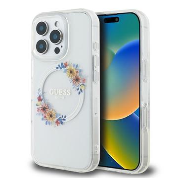 iPhone 16 Pro Guess IML Flowers Wreath-deksel - MagSafe-kompatibelt - gjennomsiktig