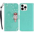 iPhone 16 Pro Max Ugle Rhinestone Lommebok-deksel med rhinestone - Cyan