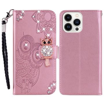 iPhone 16 Pro Max Ugle Rhinestone Lommebok-deksel - Roségull