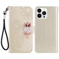 iPhone 16 Pro Ugle Rhinestone Lommebok-deksel - Gull