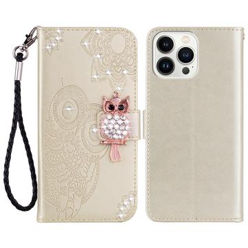 iPhone 16 Pro Ugle Rhinestone Lommebok-deksel - Gull