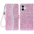 iPhone 16 Stilig glitter lommebokveske - Rosa