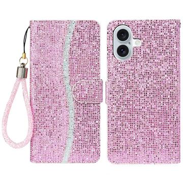 iPhone 16 Stilig glitter lommebokveske - Rosa