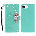 iPhone 16e Ugle Rhinestone Lommebok-deksel med rhinestone - Cyan