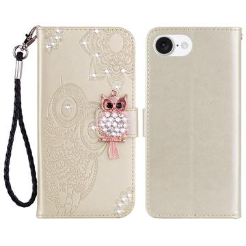 iPhone 16e Ugle Rhinestone Lommebok-deksel - gull