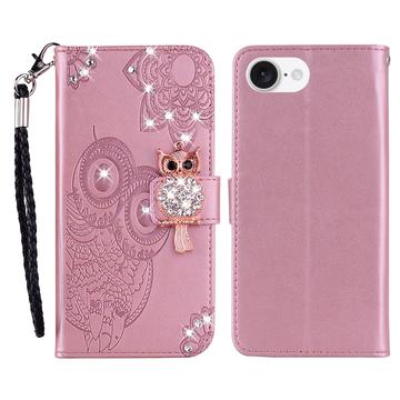iPhone 16e Ugle Rhinestone Lommebok-deksel - Roségull