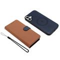 iPhone 17 avtakbar lommebokveske med MagSafe, RFID-beskyttelse og håndrem - brun / blå