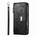 iPhone 17 lommebokveske med blomster- og bladmønster, glidelåslomme og håndleddsstropp - svart
