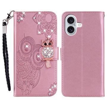 iPhone 17 Ugle Rhinestone Lommebok-deksel - Roségull