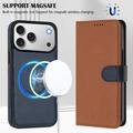 iPhone 17 Pro avtakbar lommebokveske med MagSafe, RFID-beskyttelse og håndrem - brun / blå