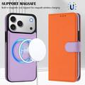 iPhone 17 Pro avtakbar lommebokveske med MagSafe, RFID-beskyttelse og håndrem - oransje / lilla